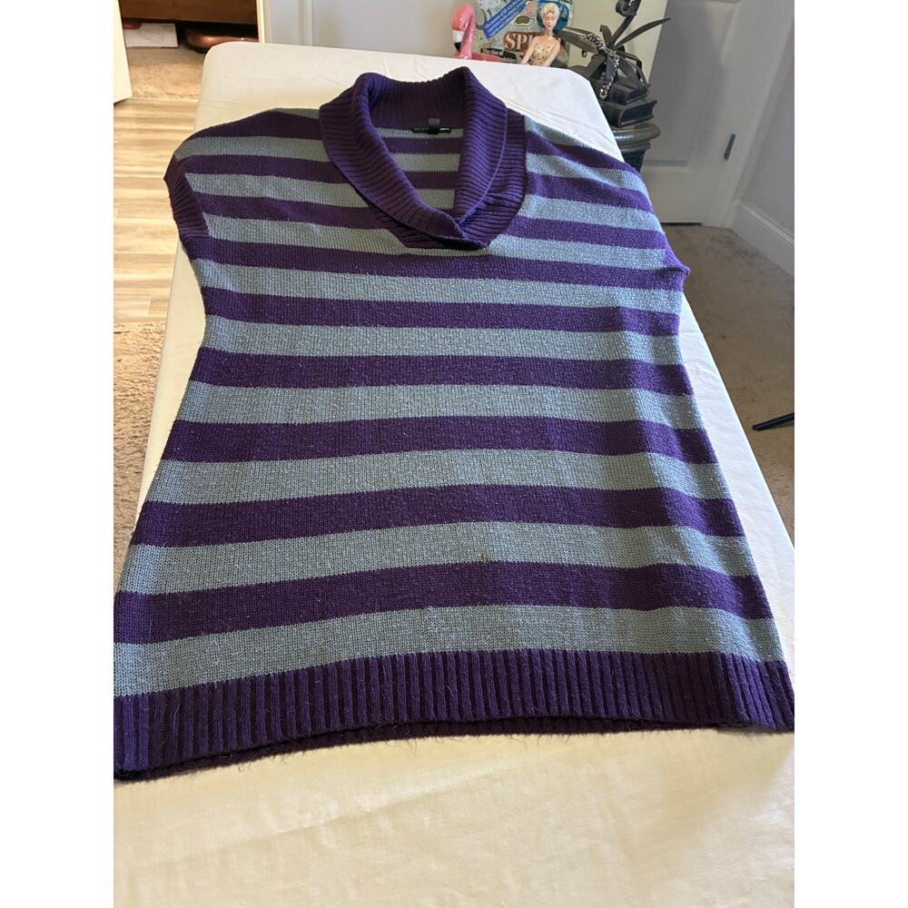 Sleeveless Sweater Dress Purple Gray Striped Shawl Collar Knit Tunic Women’s XL